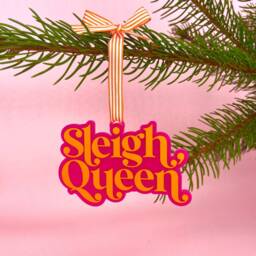 Sleigh Queen Christmas Tree Decoration - Acrylic Decorations Pink & Orange Bright Slogan Bauble Colourful - thumbnail 2
