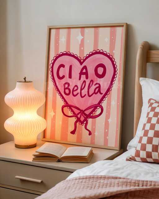 Ciao Bella Heart Print Pink Bedroom Wall Art - image 1