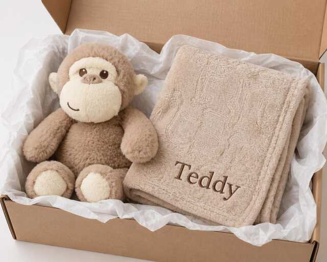 Personalised Baby Blanket Gift Set Monkey Toy Newborn Shower