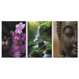 Set Of 3 Canvas Prints - Flowers in The Water Waterfall With Green Rocks Buddha, Multicolored Wall Art Print, Plants Decor