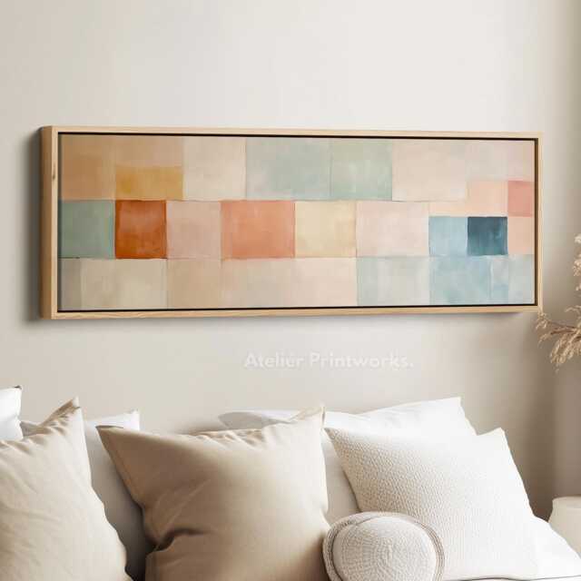 Neutral Geometric Wall Art - Long Horizontal Patchwork Abstract Canvas in Beige, Blue, & Terracotta For Modern Home Decor - image 1