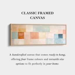 Neutral Geometric Wall Art - Long Horizontal Patchwork Abstract Canvas in Beige, Blue, & Terracotta For Modern Home Decor - thumbnail 3