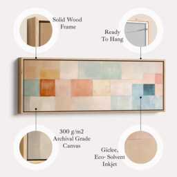 Neutral Geometric Wall Art - Long Horizontal Patchwork Abstract Canvas in Beige, Blue, & Terracotta For Modern Home Decor - thumbnail 2