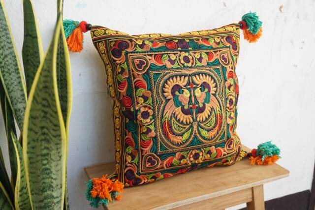 16x16 Orange Bird Hmong Embroidery Cushion Cover, Thai Bohemian Pillow With Pom Poms - Cs12Orgb - image 1