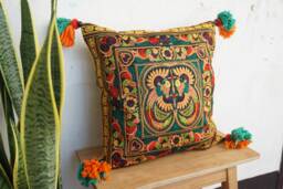 16x16 Orange Bird Hmong Embroidery Cushion Cover, Thai Bohemian Pillow With Pom Poms - Cs12Orgb - thumbnail 1