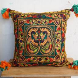 16x16 Orange Bird Hmong Embroidery Cushion Cover, Thai Bohemian Pillow With Pom Poms - Cs12Orgb - thumbnail 2