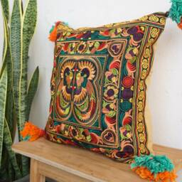16x16 Orange Bird Hmong Embroidery Cushion Cover, Thai Bohemian Pillow With Pom Poms - Cs12Orgb - thumbnail 3