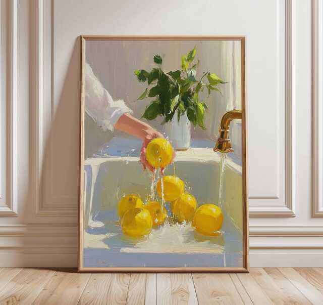 Lemon Kitchen Wall Art Print, Fresh Fruit Still Life Poster, Modern Oil Painting Style Artwork, Bright Yellow Citrus Home Decor - image 1