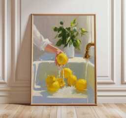 Lemon Kitchen Wall Art Print, Fresh Fruit Still Life Poster, Modern Oil Painting Style Artwork, Bright Yellow Citrus Home Decor - thumbnail 1