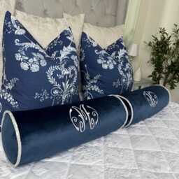 Personalised Embroidered Initial Name Bolster Cushion Pillow/Navy - Grey, Wedding Or Birthday Gift - thumbnail 1