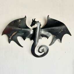 Flying Dragon With Curled Tail Wall Art, Decor, Steel Garden Fantasy Metal Sculpture - thumbnail 2