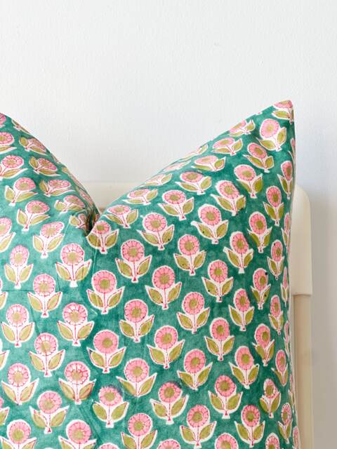 "Block Print Pillow Cover Floral Batik, Boho Farmhouse Decor - 20"" X 20" - image 1