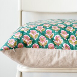 "Block Print Pillow Cover Floral Batik, Boho Farmhouse Decor - 20"" X 20" - thumbnail 3
