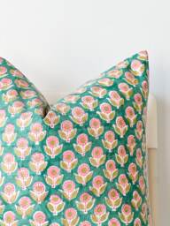 "Block Print Pillow Cover Floral Batik, Boho Farmhouse Decor - 20"" X 20" - thumbnail 1