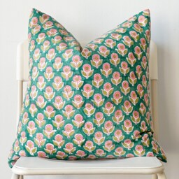 "Block Print Pillow Cover Floral Batik, Boho Farmhouse Decor - 20"" X 20" - thumbnail 2