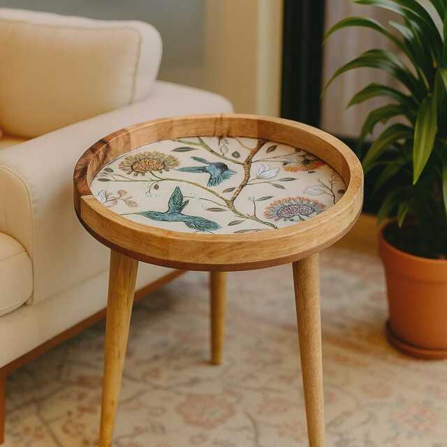 Handcrafted Mango Wood Side Round Table Blue Birds Sofa Decor - image 1