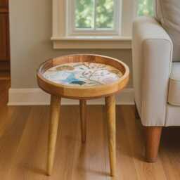 Handcrafted Mango Wood Side Round Table Blue Birds Sofa Decor - thumbnail 4