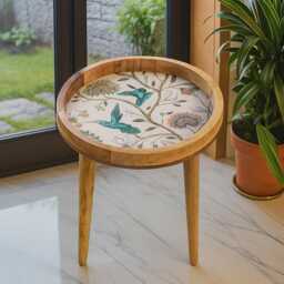 Handcrafted Mango Wood Side Round Table Blue Birds Sofa Decor - thumbnail 3