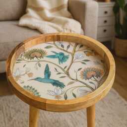 Handcrafted Mango Wood Side Round Table Blue Birds Sofa Decor - thumbnail 2
