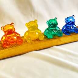 Rainbow Resin Teddy Bears On Reclaimed Wood, Geometric Bear Ornament, Nursery Shelf Decor - thumbnail 3