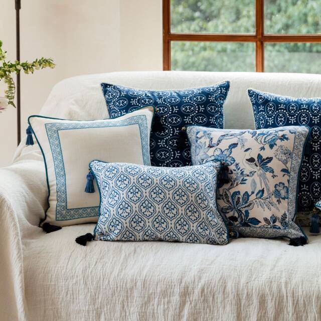 Blue Porcelain Pillow Cover, Chinoiserie Floral Cushion, Tassel Sofa Decor - image 1