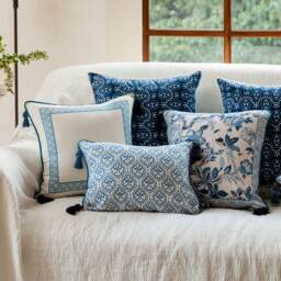 Blue Porcelain Pillow Cover, Chinoiserie Floral Cushion, Tassel Sofa Decor - thumbnail 1