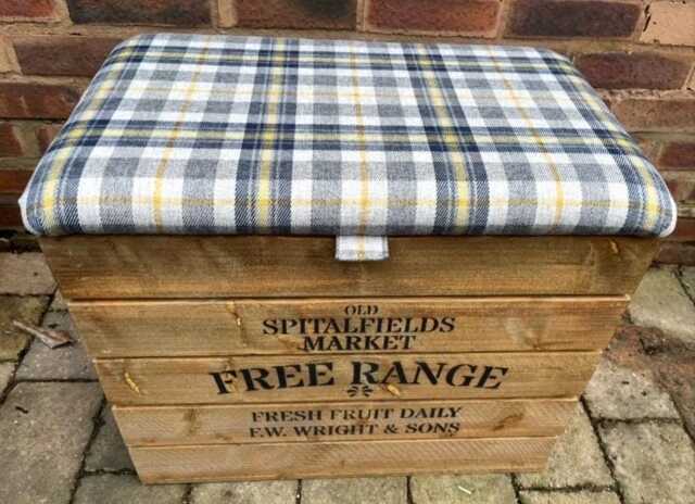 Large Rustic Wooden Storage Crate - Upholstered Check Fabric Lid Seat - image 1