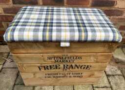 Large Rustic Wooden Storage Crate - Upholstered Check Fabric Lid Seat