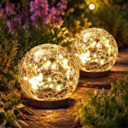 Crackle Glass Ball Solar Light, Garden Spike Outdoor Globe Stake Mosaic Decor For Garden, Powered Ornament - thumbnail 2