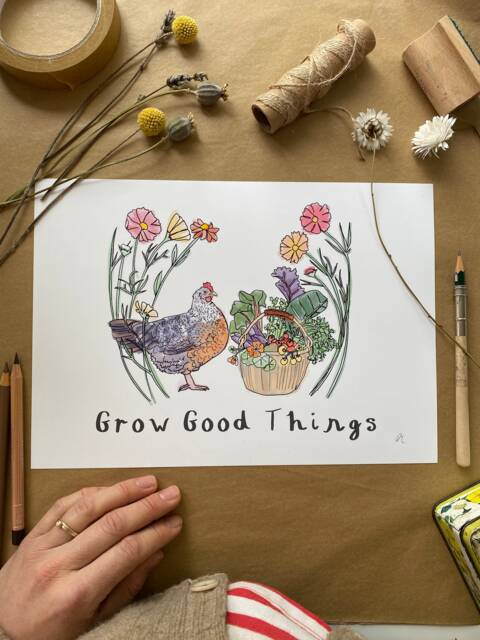 Grow Good Things - Chicken Art Print, Allotment Print, Gardening Vegetable Garden, Illustration - image 1