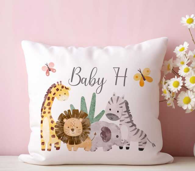 Personalised Safari Animals Baby Cushion Jungle Animal Pillow, New-Born Nursery Decor - image 1