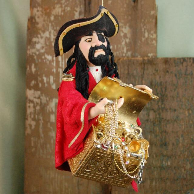 Blackbeard Pirate Ornament Handmade Collectible Art With Treasure Chest - image 1