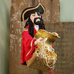 Blackbeard Pirate Ornament Handmade Collectible Art With Treasure Chest