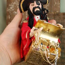 Blackbeard Pirate Ornament Handmade Collectible Art With Treasure Chest - thumbnail 3