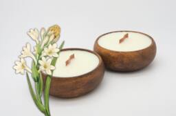 Tuberose - Set Of 2 Candles in Reusable Acacia Bowl - Hawaiian Tropical Beach Theme Best Smelling- Strong Scented Valentine's Day Gift