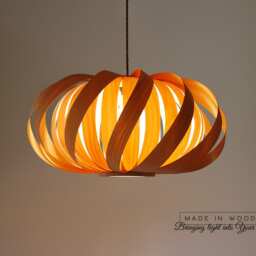 Modern Wood Veneer Pendant Lamp - Twisted Oak & Birch Lampshade - thumbnail 3