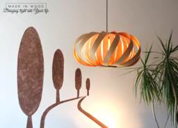 Modern Wood Veneer Pendant Lamp - Twisted Oak & Birch Lampshade - thumbnail 1