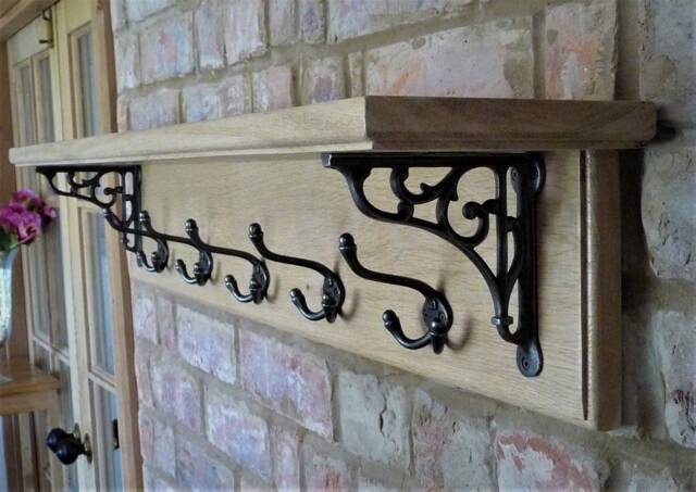 Vintage Style Solid Oak Coat Rack With Shelf - Country Cottage Cast Iron Brackets & Hooks - image 1