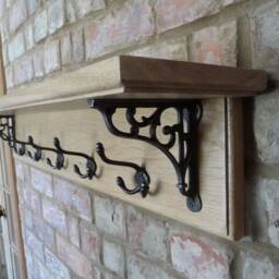 Vintage Style Solid Oak Coat Rack With Shelf - Country Cottage Cast Iron Brackets & Hooks - thumbnail 2