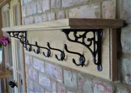 Vintage Style Solid Oak Coat Rack With Shelf - Country Cottage Cast Iron Brackets & Hooks - thumbnail 1