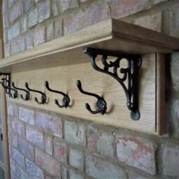 Vintage Style Solid Oak Coat Rack With Shelf - Country Cottage Cast Iron Brackets & Hooks - thumbnail 3