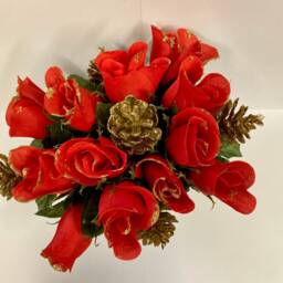 Red Roses & Gold Cones Pot Christmas Grave/Table Centerpiece - thumbnail 2