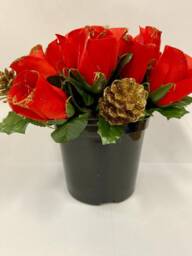 Red Roses & Gold Cones Pot Christmas Grave/Table Centerpiece - thumbnail 1
