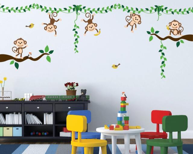 Monkey Jungle Tree Vine Forest Wall Decal Safari Birds Sticker Nursery Kids Room Decor Tropical Banana Set #3018 - image 1