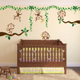 Monkey Jungle Tree Vine Forest Wall Decal Safari Birds Sticker Nursery Kids Room Decor Tropical Banana Set #3018 - thumbnail 2