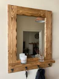 Handmade Rustic Pine Mirror With Shelf & Coat Hooks