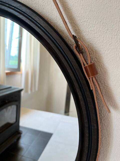 Black Frame Round Mirror With Leather Strap, Bathroom Wall Decor, Large Wooden Mirror, Leather For Hallway - image 1