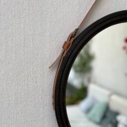 Black Frame Round Mirror With Leather Strap, Bathroom Wall Decor, Large Wooden Mirror, Leather For Hallway - thumbnail 4