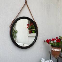 Black Frame Round Mirror With Leather Strap, Bathroom Wall Decor, Large Wooden Mirror, Leather For Hallway - thumbnail 3