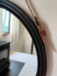 Black Frame Round Mirror With Leather Strap, Bathroom Wall Decor, Large Wooden Mirror, Leather For Hallway
